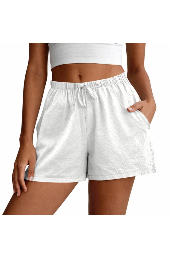 Women Casual Linen Shorts Drawstring Comfy Elastic Waist Shorts Summer Pull On Short with Pockets White M
