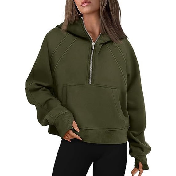 Resicozy Women Cropped Raglan Half Zip Hoodie Long Sleeve Pullover Slim Casual Street Fall Sweatshirts with Pockets Army Green S