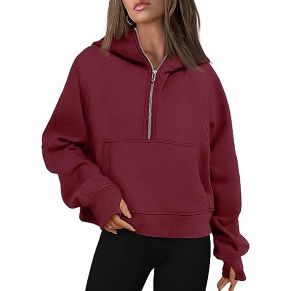 Resicozy Women Cropped Raglan Half Zip Hoodie Long Sleeve Pullover Slim Casual Street Fall Sweatshirts with Pockets Wine XL