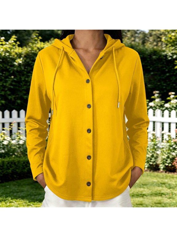 Women Hooded Button Front Knit Cardigan Top Drawstring Long Sleeve Loose Soft Sweater Coat Winter Warm Daily Blouse Yellow S