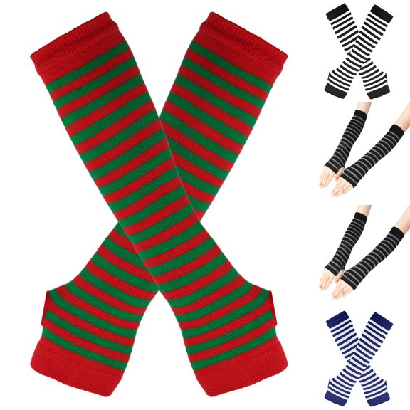 Resicozy Women Long Fingerless Gloves Knit Winter Striped, Arm Warmers, Thumb Hole, Stretchy Gloves Striped Y2k Long Sleeves Accessories Green