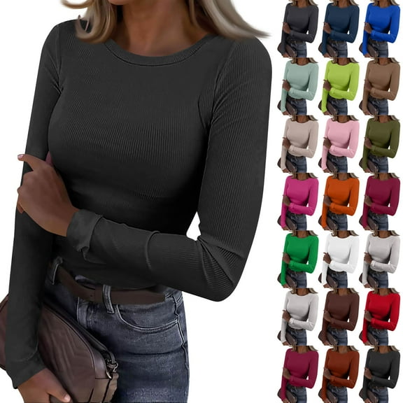 Resicozy Women Long Sleeve Shirts Rib Slim Fit Tops Basic Tee 2025 Fall Spring Casual Crewneck T-Shirt Solid Color Clothes Dark Gray S