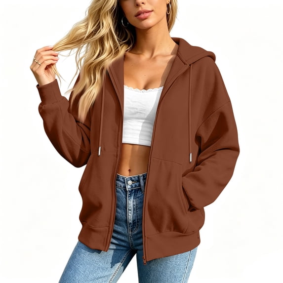 Resicozy Women Oversized Full Zip Hoodie Long Sleeve Sweatshirts Drawstring Pocket Loose Fall Zip Up Hooded Jacket Brown M