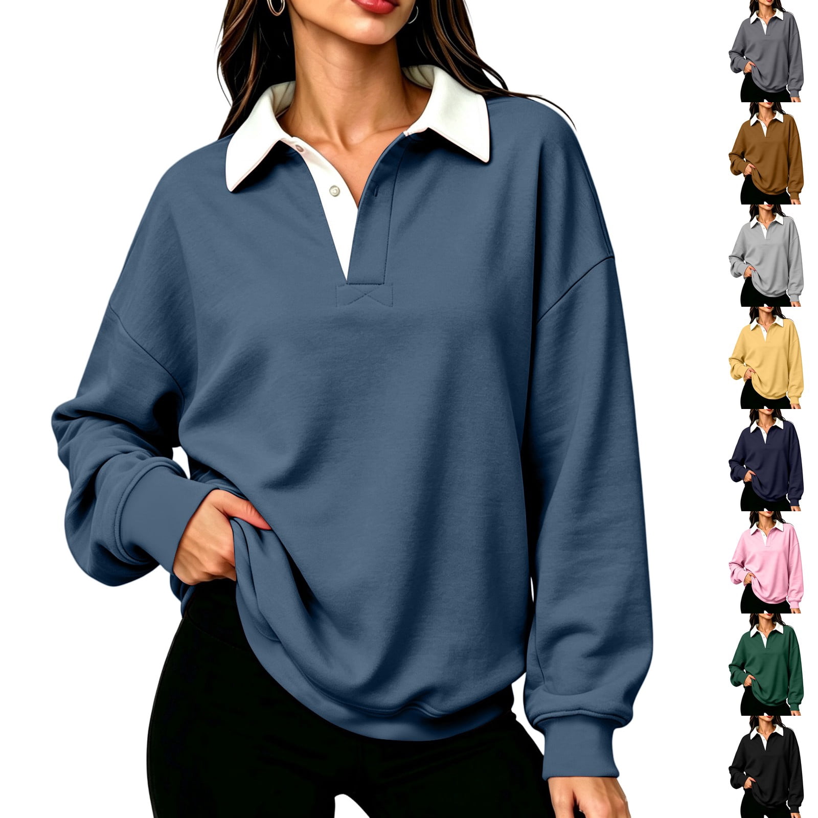 Resicozy Women Oversized Polo Shirt Drop Shoulder Button Stand Collar ...
