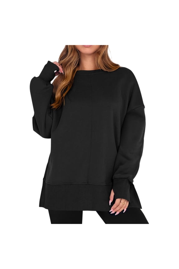 Women Oversized Sweatshirts Casual Long Sleeve Hoodies Shirts 2025 Fall Side Slit Pullover Top Teen Y2k Clothes Black S