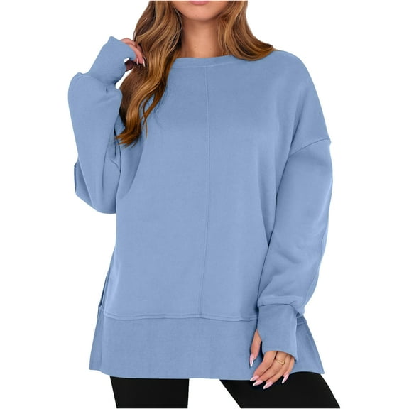 Resicozy Women Oversized Sweatshirts Casual Long Sleeve Hoodies Shirts 2025 Fall Side Slit Pullover Top Teen Y2k Clothes Blue S