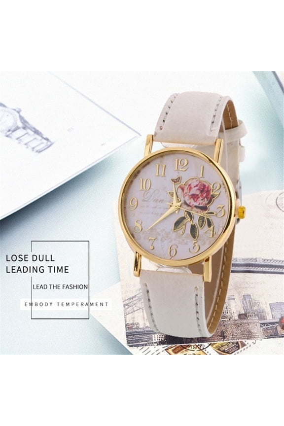 Women Round Watches Rose Gold Case Stylish Flower Printed Quartz Pointer Design Specially for Ladies' Wrist Watches White