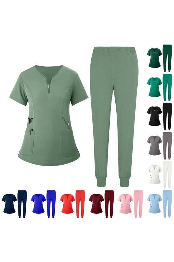 Women Solid Color Scrubs Sets V Neck Stretch Tops with Pockets Cargo Pants Jogger Nurse Work Uniform Quick Drying Dark Green L