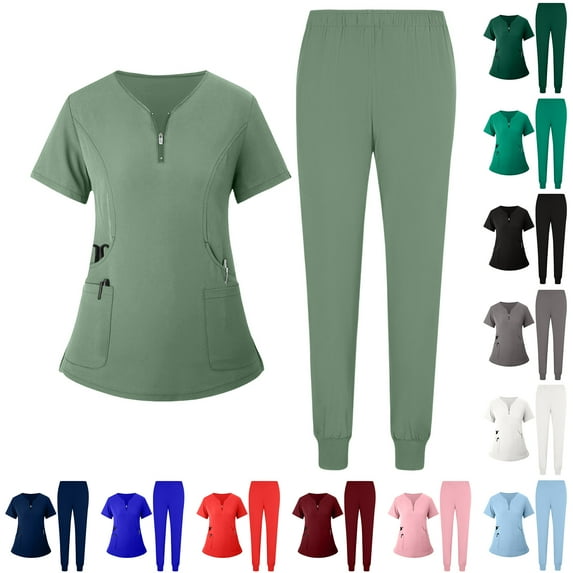 Resicozy Women Solid Color Scrubs Sets V Neck Stretch Tops with Pockets Cargo Pants Jogger Nurse Work Uniform Quick Drying Pink S
