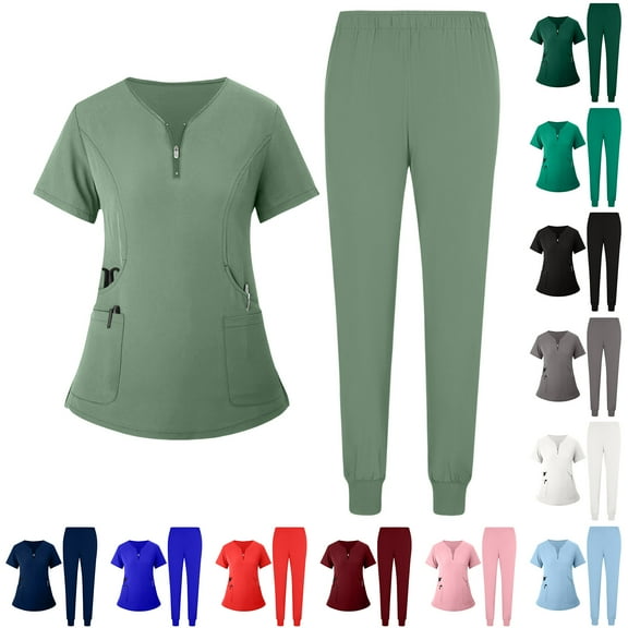 Resicozy Women Solid Color Scrubs Sets V Neck Stretch Tops with Pockets Cargo Pants Jogger Nurse Work Uniform Quick Drying Turquoise S