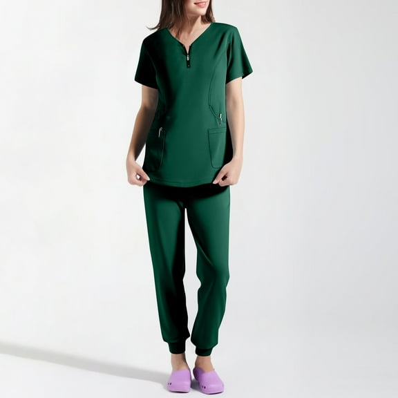 Resicozy Women Solid Scrubs Sets V Neck Stretch Tops with Pockets Cargo Pants Jogger Nurse Work Uniform Quick Drying Dark Green M