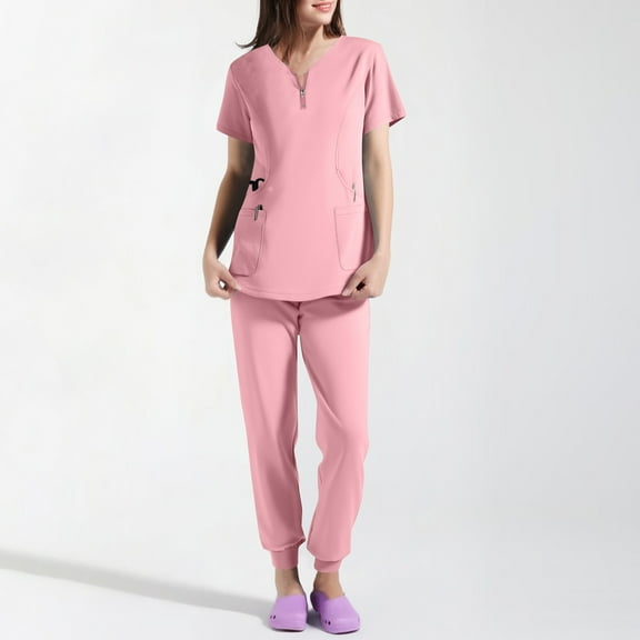 Resicozy Women Solid Scrubs Sets V Neck Stretch Tops with Pockets Cargo Pants Jogger Nurse Work Uniform Quick Drying Pink S