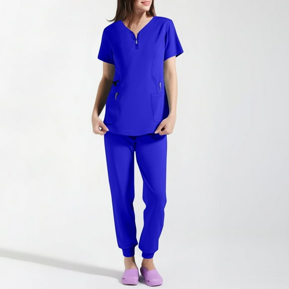 Resicozy Women Solid Scrubs Sets V Neck Stretch Tops with Pockets Cargo Pants Jogger Nurse Work Uniform Quick Drying Royal Blue S