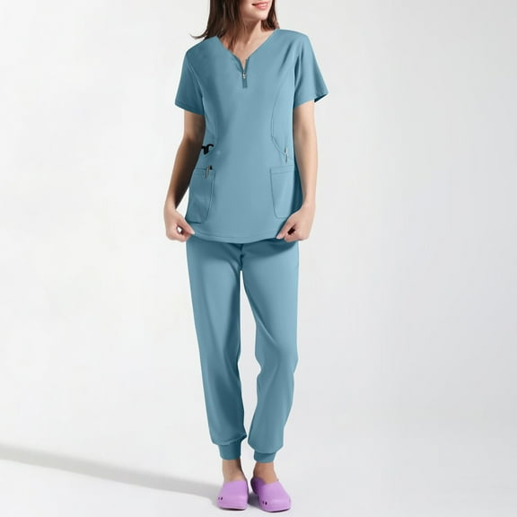 Resicozy Women Solid Scrubs Sets V Neck Stretch Tops with Pockets Cargo Pants Jogger Nurse Work Uniform Quick Drying Sky Blue XL