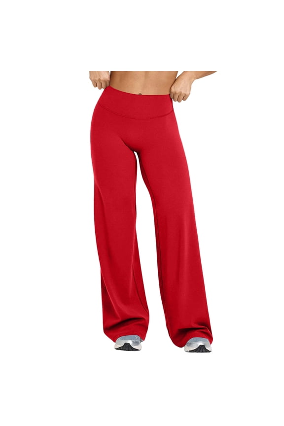 Women Straight Leggings Bottoms Wide Leg Pants High Waist Stretchy Comfy No Front Seam Yoga Workout Sweatpants Red L