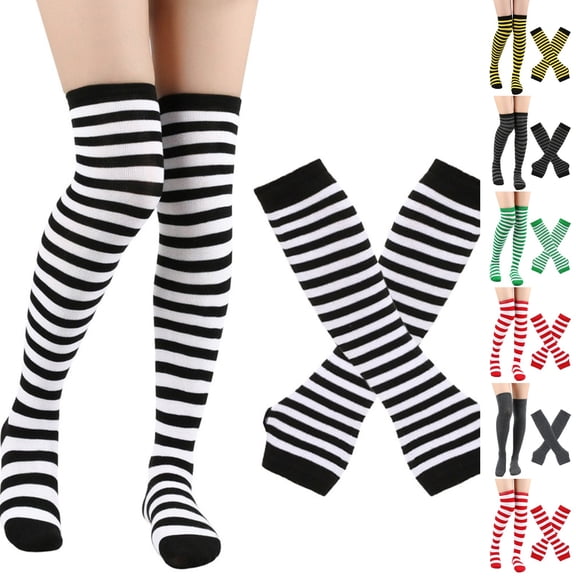 Resicozy Women Striped Arm Leg Warmers Knee High Tights Socks Fingerless Sleeves Accessories Set Socks with Gloves for Women Black