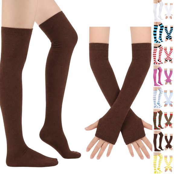 Resicozy Women Striped Over Knee Thigh High Socks and Fingerless Gloves Set Brown