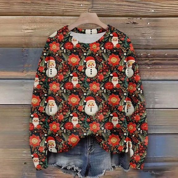 Resicozy Women Ugly Christmas Sweater Crew Neck Long Sleeve Funny Loose Plus Size Fashion Winter Knit Xmax Holiday Sweater Deep Red M