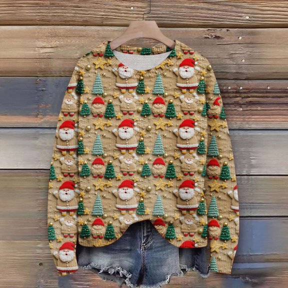 Resicozy Women Ugly Christmas Sweater Crew Neck Long Sleeve Funny Loose Plus Size Fashion Winter Knit Xmax Holiday Sweater Khaki L