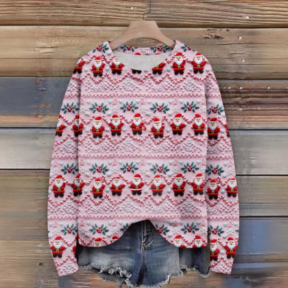 Resicozy Women Ugly Christmas Sweater Crew Neck Long Sleeve Funny Loose Plus Size Trendy Winter Knit Xmax Holiday Sweater Pink XL