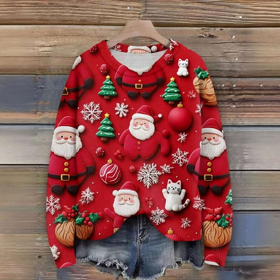 Resicozy Women Ugly Christmas Sweater Crewneck Long Sleeve Funny Loose Plus Size Trendy Winter Knit Xmax Holiday Sweater Red S
