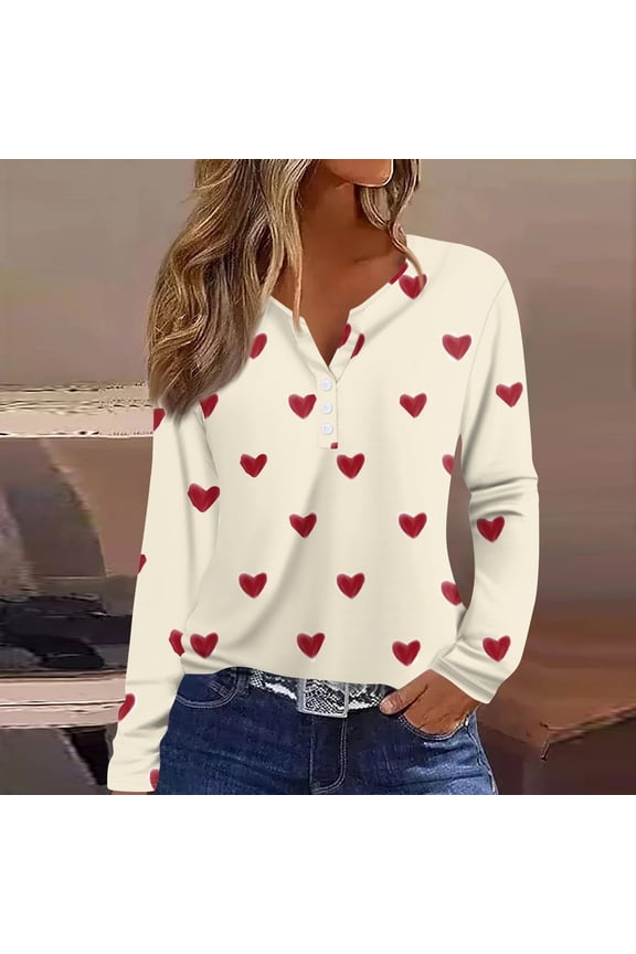Women Valentines Shirts Henley Neck Long Sleeve Casual Heart Printed Fashion T Shirt 2026 Beige S