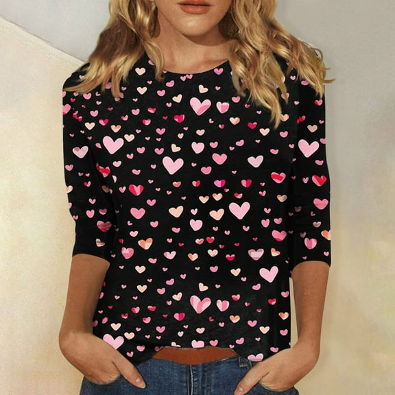 Resicozy Women Valentines Shirts Round Neck 3/4 Length Sleeve Shirt Casual Heart Printed Fashion T Shirt 2026 Black XL