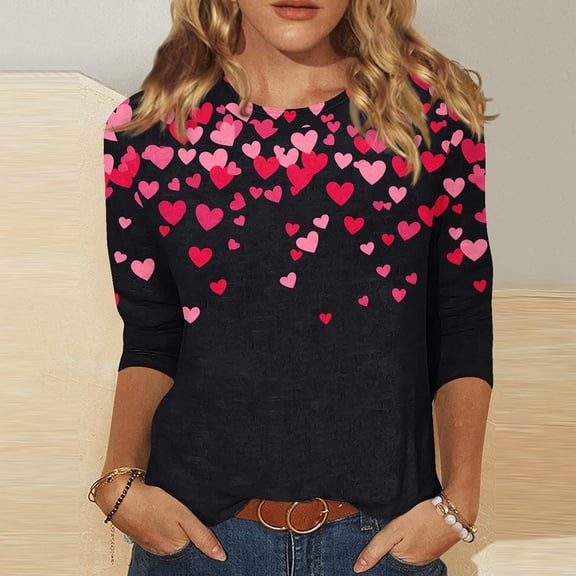 Resicozy Women Valentines Shirts Round Neck 3/4 Length Sleeve Shirt Casual Heart Printed Fashion T Shirt 2026 Hot Pink S