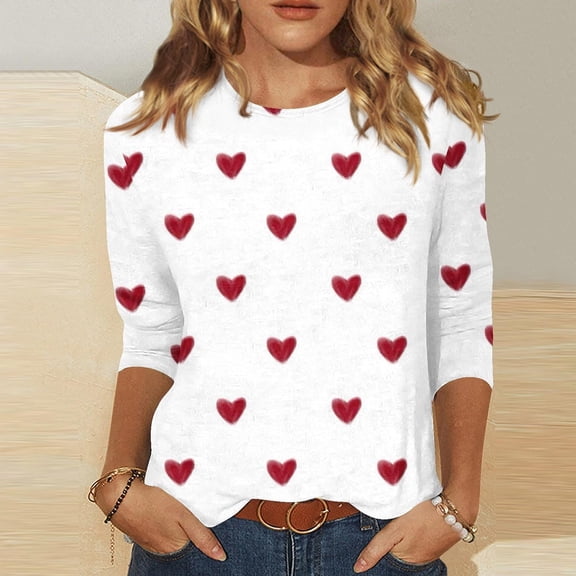 Resicozy Women Valentines Shirts Round Neck 3/4 Length Sleeve Shirt Casual Heart Printed Fashion T Shirt 2026 White XL