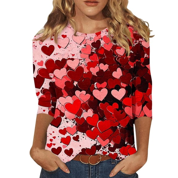 Resicozy Women Valentines Shirts Round Neck 3/4 Length Sleeve Shirt Casual Heart Printed Fashion T Shirt 2026 Wine S