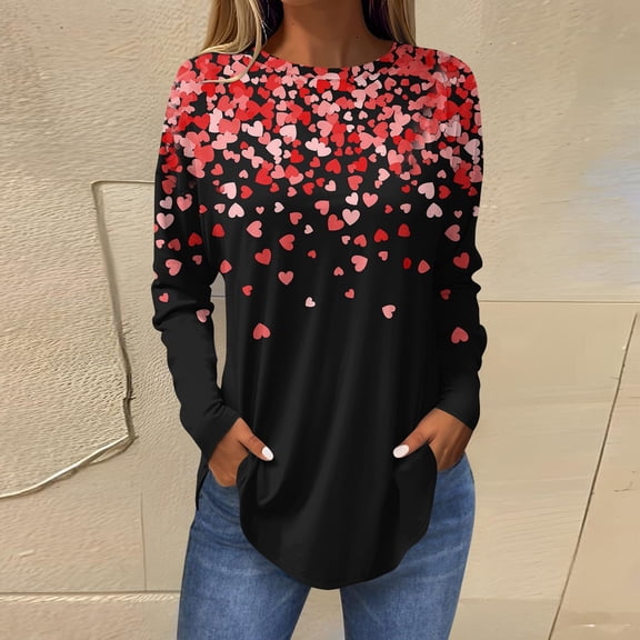 Resicozy Women Valentines Shirts Round Neck Long Sleeve Casual Heart Printed Fashion T Shirt 2026 Deep Red L