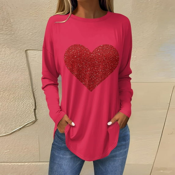 Resicozy Women Valentines Shirts Round Neck Long Sleeve Casual Heart Printed Fashion T Shirt 2026 Red 2XL