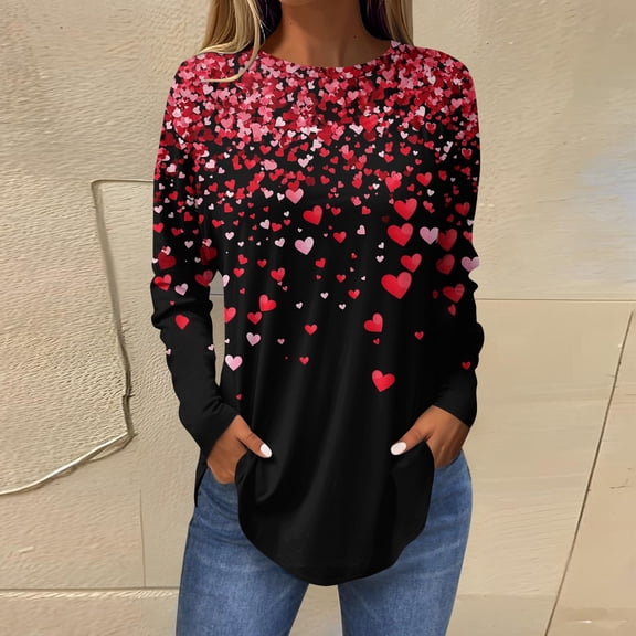 Resicozy Women Valentines Shirts Round Neck Long Sleeve Casual Heart Printed Fashion T Shirt 2026 Watermelon Red 3XL