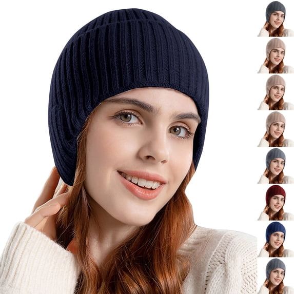 Resicozy Women Warm Baseball Beanie Hat with Earflap Winter Knitted Caps Thicken Plush Lined Skull Ski Hat Black