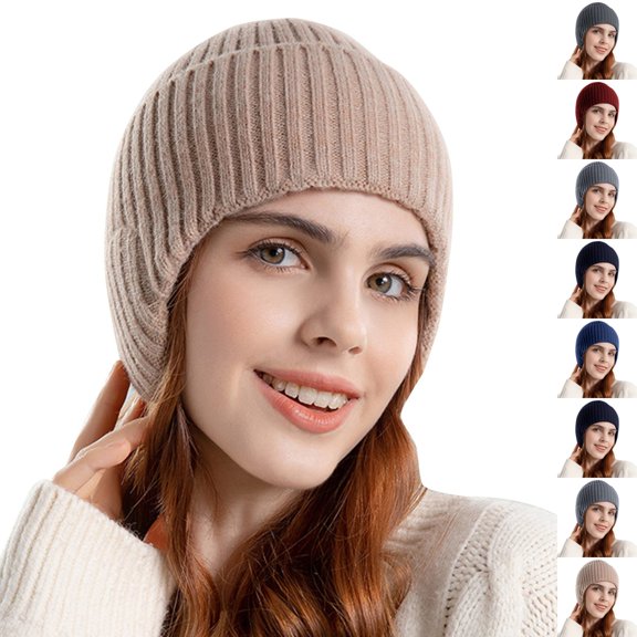 Resicozy Women Warm Baseball Beanie Hat with Earflap Winter Knitted Caps Thicken Plush Lined Skull Ski Hat Khaki