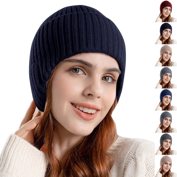 Resicozy Women Warm Baseball Beanie Hat with Earflap Winter Knitted Caps Thicken Plush Lined Skull Ski Hat Navy