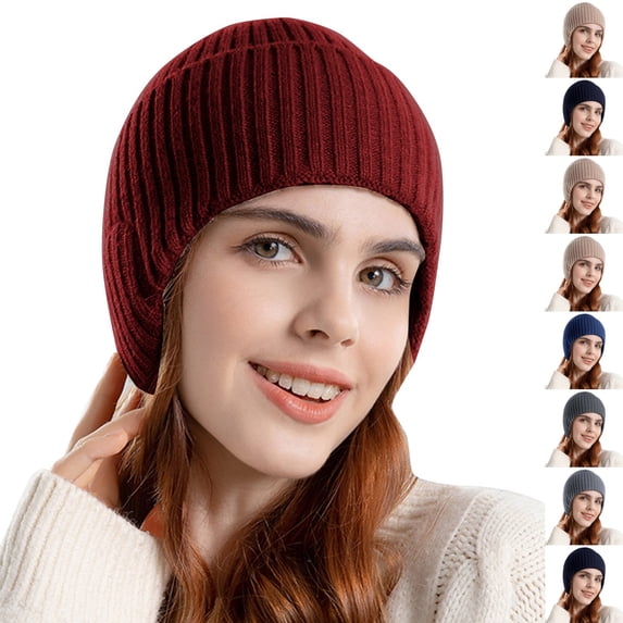 Resicozy Women Warm Baseball Beanie Hat with Earflap Winter Knitted Caps Thicken Plush Lined Skull Ski Hat Wine
