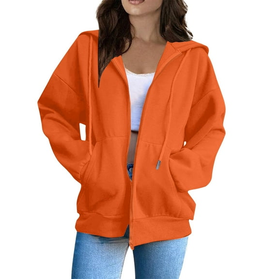 Resicozy Women Zip Up Hooded Sweatshirt Ladies Fashion Solid Color Long Sleeve Casual Loose Lightweight Jacket with Pockets Saffron S