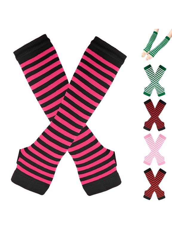 Women's Arm Warmers Gloves Striped, Fit for casual, party, school and sports Long Fingerless Gloves for Women, Thumbhole Gloves Hot Pink