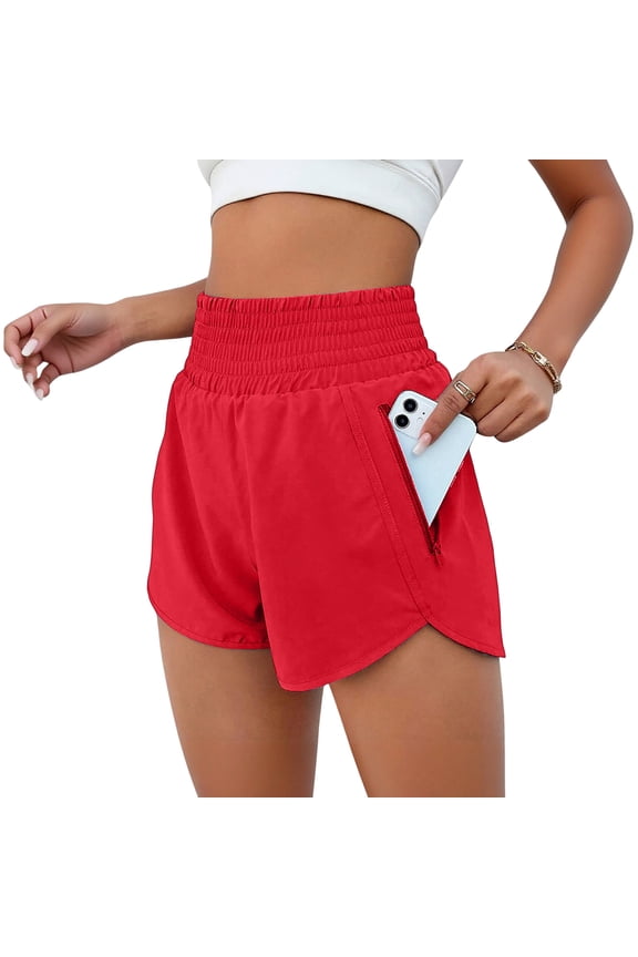 Women's Athletic Workout Short Quick Dry High Waisted Elastic Running Shorts with Pockets for Gym Casual Red S