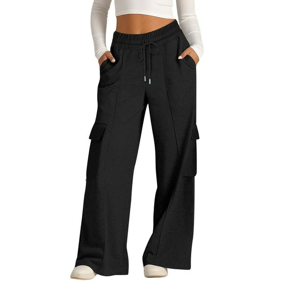 Resicozy Women's Cargo Sweatpants High Waisted Wide Leg Pants Athletic Casual Baggy Sweat Drawstring Pants with Pockets Black L