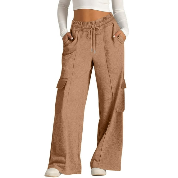 Resicozy Women's Cargo Sweatpants High Waisted Wide Leg Pants Athletic Casual Baggy Sweat Drawstring Pants with Pockets Camel M