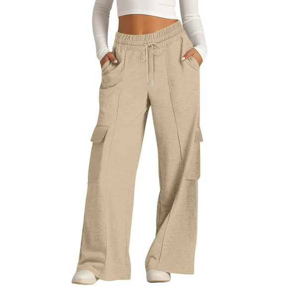 Resicozy Women's Cargo Sweatpants High Waisted Wide Leg Pants Athletic Casual Baggy Sweat Drawstring Pants with Pockets Khaki XL