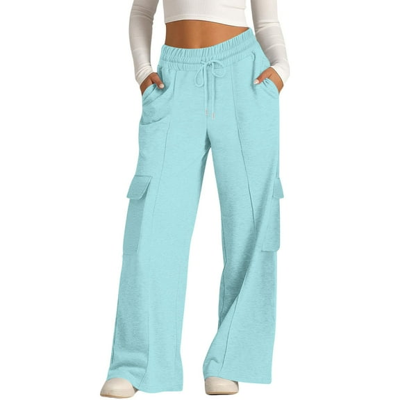 Resicozy Women's Cargo Sweatpants High Waisted Wide Leg Pants Athletic Casual Baggy Sweat Drawstring Pants with Pockets Light Blue M
