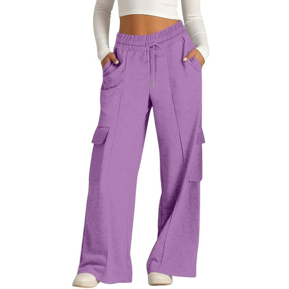 Resicozy Women's Cargo Sweatpants High Waisted Wide Leg Pants Athletic Casual Baggy Sweat Drawstring Pants with Pockets Purple XL