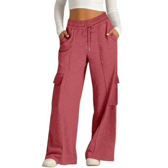 Resicozy Women's Cargo Sweatpants High Waisted Wide Leg Pants Athletic Casual Baggy Sweat Drawstring Pants with Pockets Wine 2XL