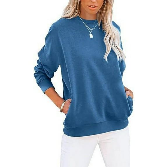 Resicozy Women's Casual Long Sleeve Color Solid Tops Trendy Crewneck Sweatshirts Cute Loose Fit Pullover with Pockets Blue L