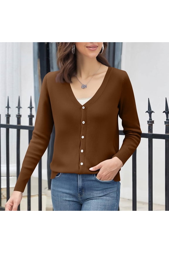 Women's Classic Long Sleeve Knit Cardigan Sweaters Casual Solid Open Front Button Down Cardigans Coffee L