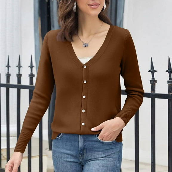 Resicozy Women's Classic Long Sleeve Knit Cardigan Sweaters Casual Solid Open Front Button Down Cardigans Coffee S