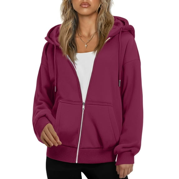 Resicozy Women's Drawstring Zip Up Cute Plain Hoodie Fall Jacket Oversized Casual Fashion Sweatshirts with Pockets Dark Purple S